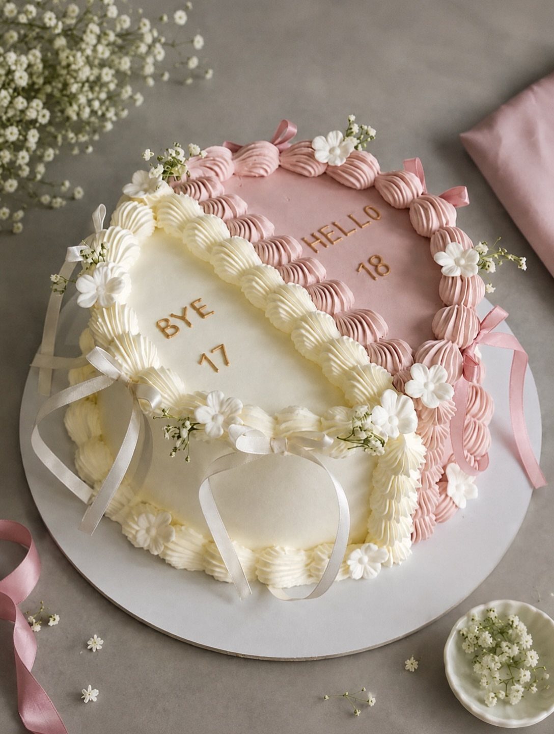 Heart-shaped birthday cake split in white and pink with 'BYE 17 HELLO 18' text.
