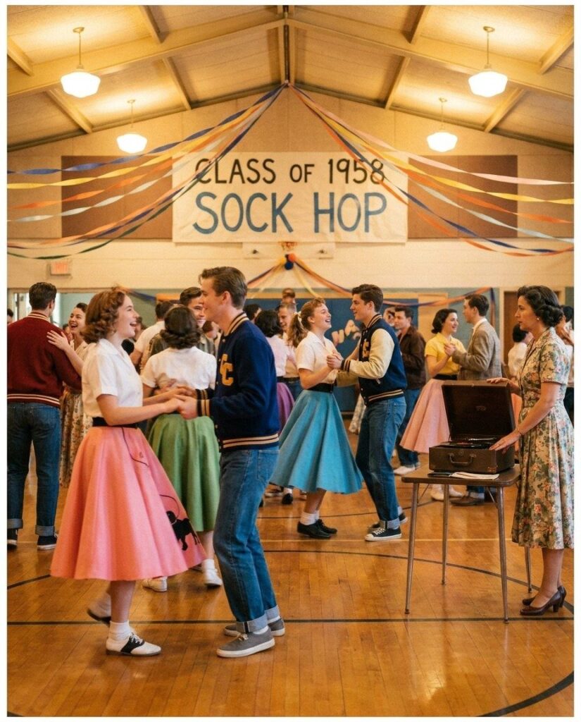 People dancing at a 1950s sock hop with streamers and a themed banner.