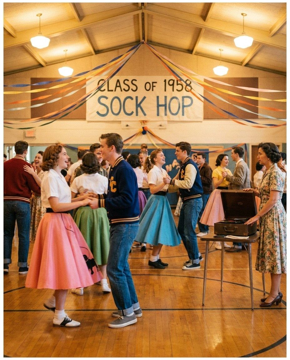 People dancing at a 1950s sock hop with streamers and a themed banner.