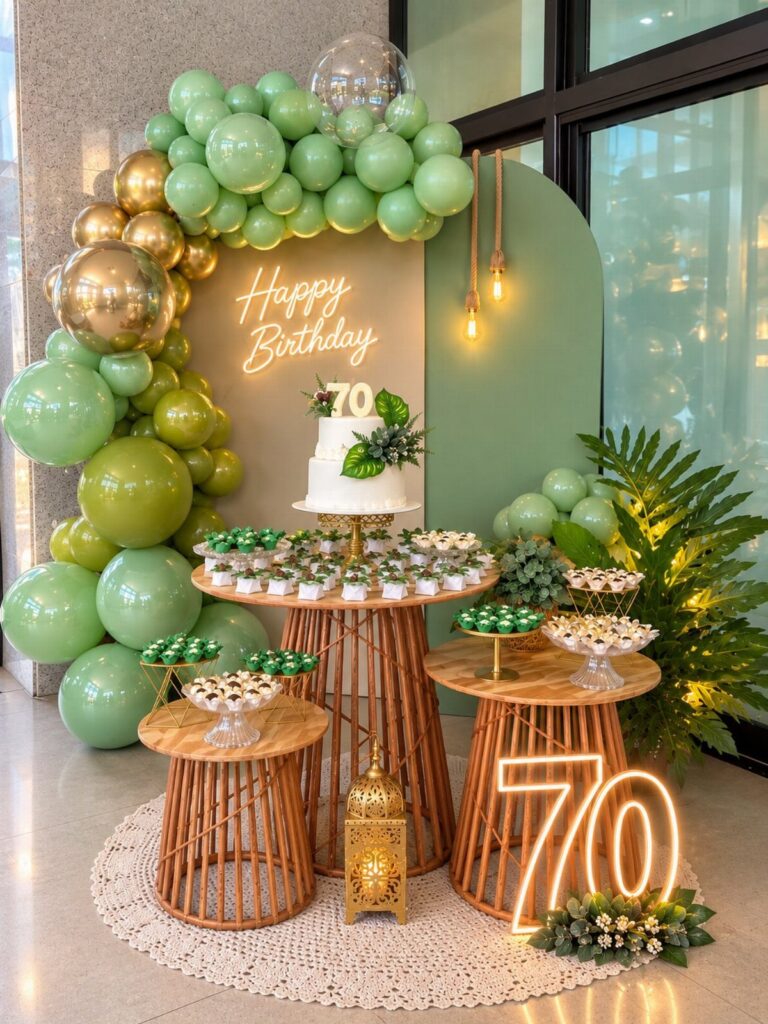 70th birthday party decoration with green balloons, white cake, and glowing neon numbers