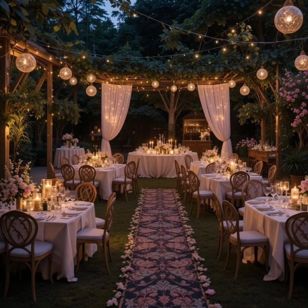 Outdoor wedding reception with white tables, string lights, and a patterned aisle runner.