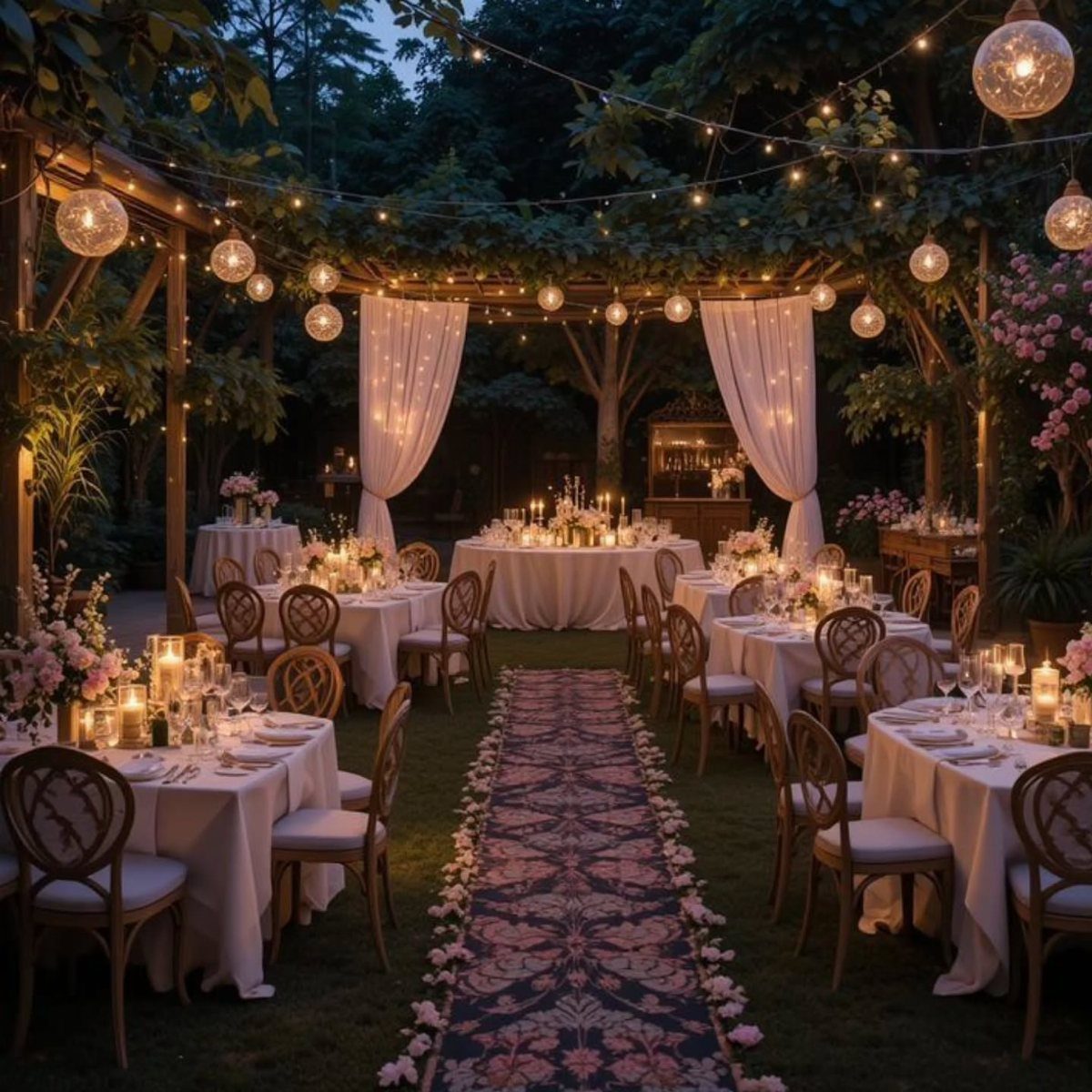Outdoor wedding reception with white tables, string lights, and a patterned aisle runner.