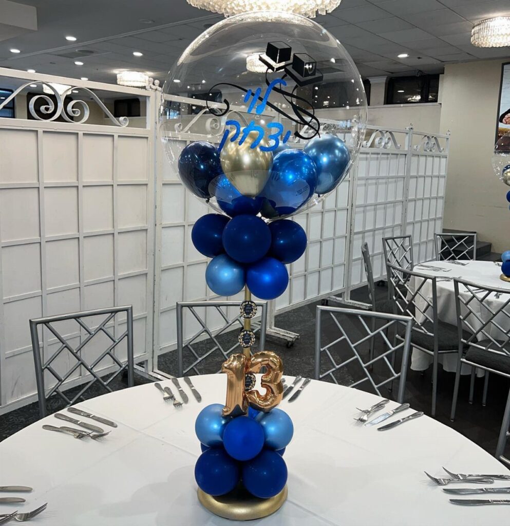Balloon centerpiece with blue and gold balloons and a gold number 13.