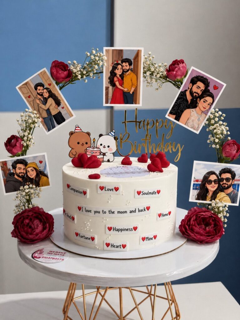 White birthday cake decorated with couple photos, red roses, and gold lettering.