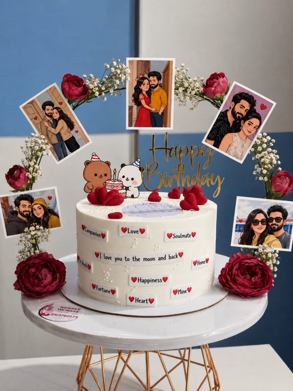 White birthday cake decorated with couple photos, red roses, and gold lettering.
