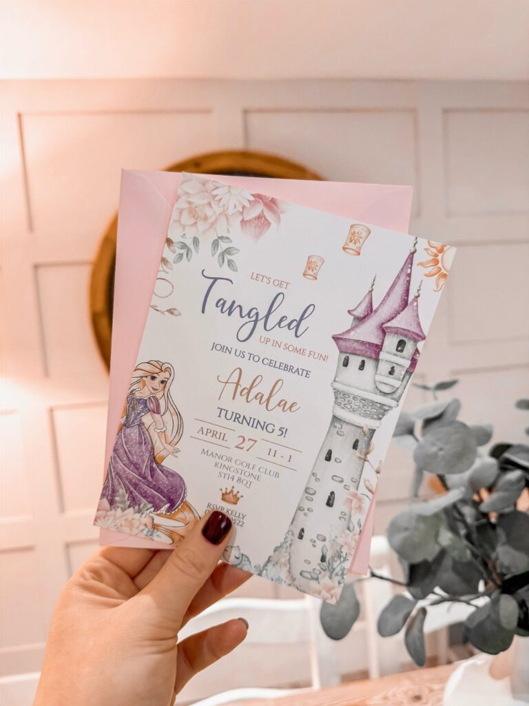 Birthday invitation card featuring an illustrated princess and a purple castle tower.