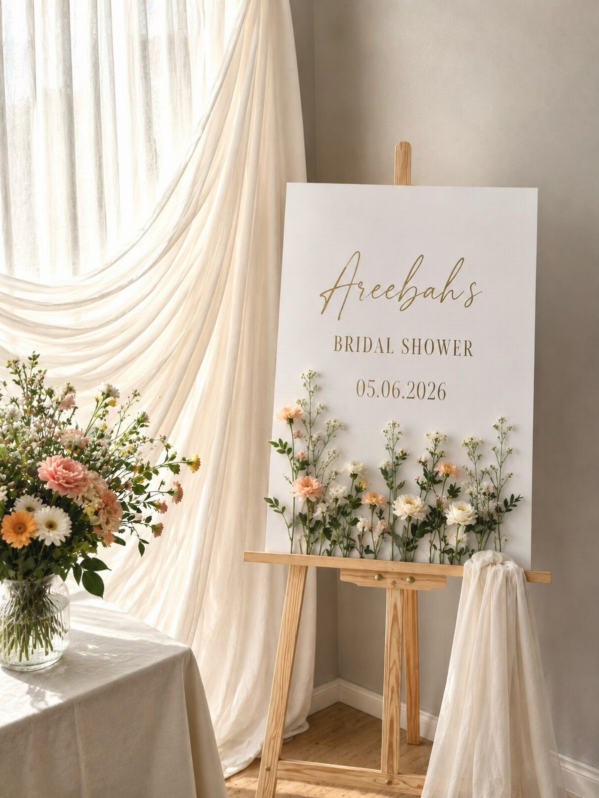 Bridal shower welcome sign on a wooden easel decorated with fresh flowers