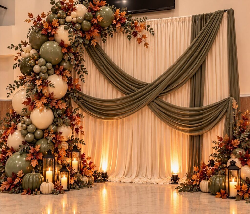 Autumn party backdrop with olive green drapes, balloon arch, pumpkins, and lanterns.