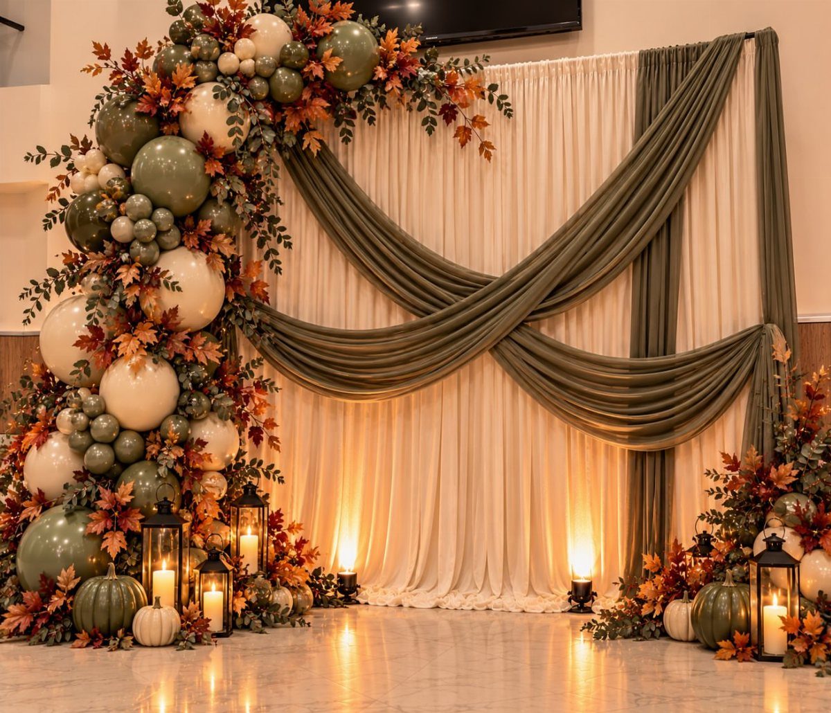 Autumn party backdrop with olive green drapes, balloon arch, pumpkins, and lanterns.