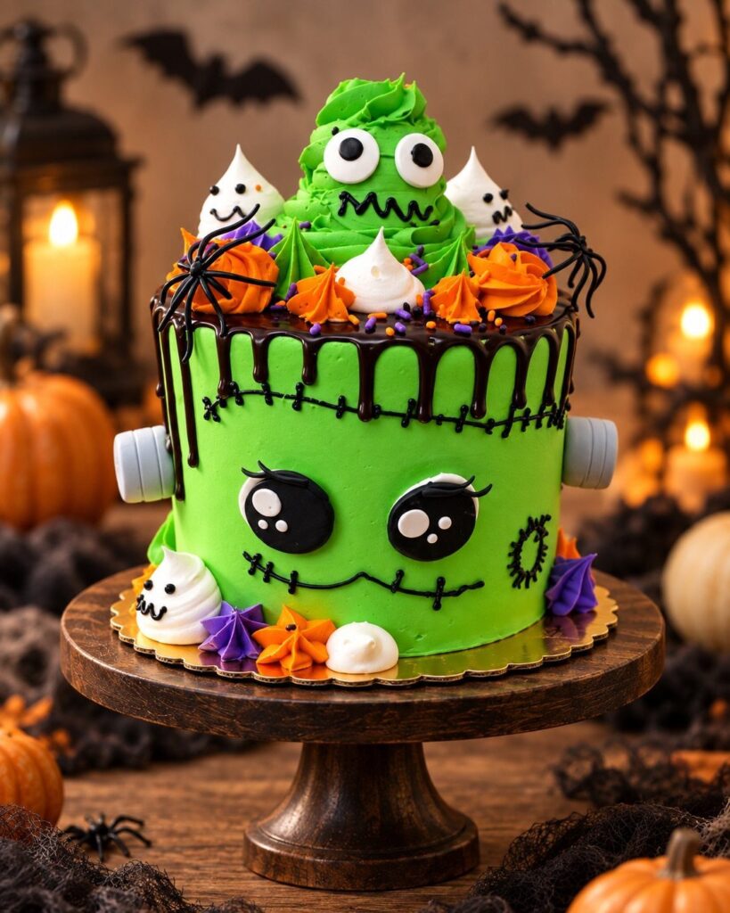 Green Frankenstein monster cake with ghosts and pumpkins in a spooky fall setting