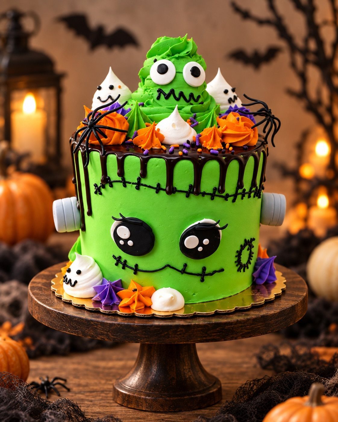 Green Frankenstein monster cake with ghosts and pumpkins in a spooky fall setting