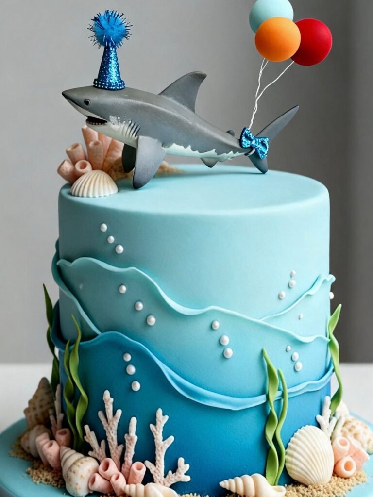 Blue two-tier cake with a shark wearing a party hat and colorful balloons.