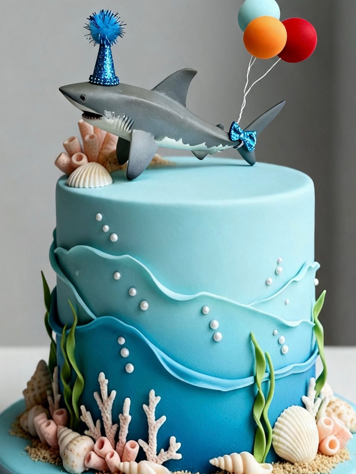 Blue two-tier cake with a shark wearing a party hat and colorful balloons.